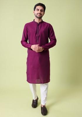 Purple Solid Cotton Silk Kurta For Men