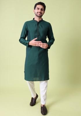 Green Solid Cotton Silk Kurta For Men