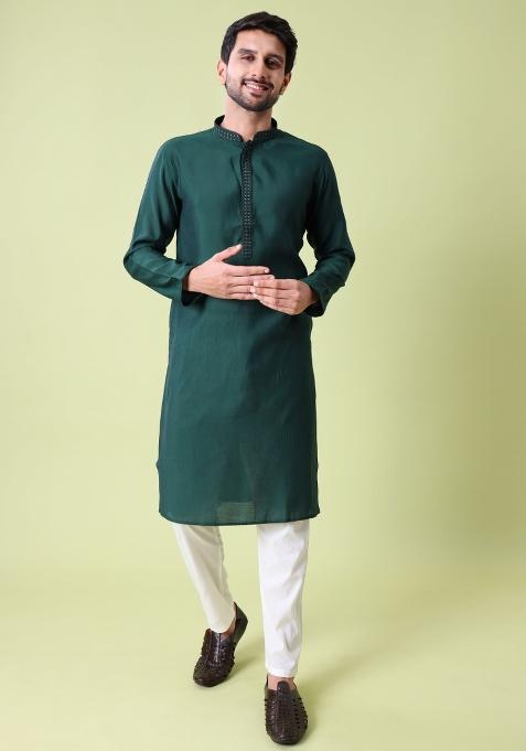 Green Solid Cotton Silk Kurta For Men