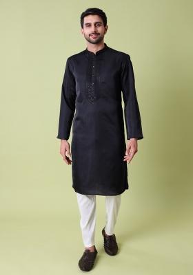 Black Embroidered Cotton Silk Kurta For Men