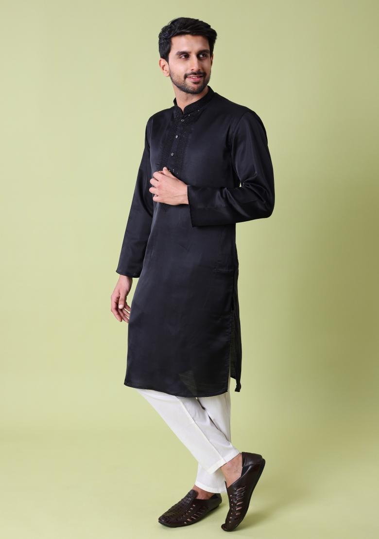 Black Embroidered Cotton Silk Kurta For Men - Indya
