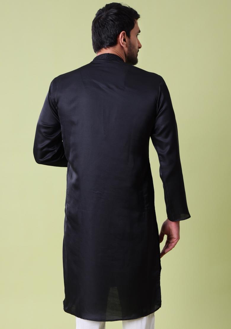 Black Embroidered Cotton Silk Kurta For Men - Indya