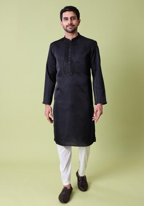 Black Embroidered Cotton Silk Kurta For Men