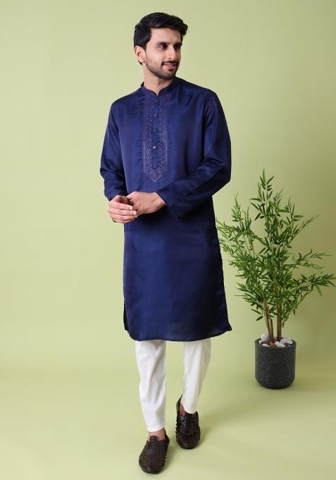 Navy Blue Embroidered Cotton Silk Kurta For Men