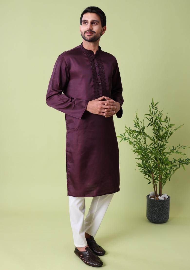 Purple Embroidered Cotton Silk Kurta For Men