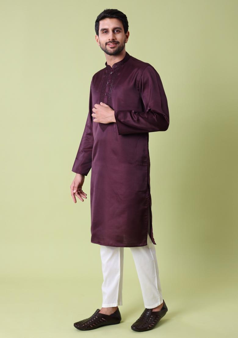 Purple Embroidered Cotton Silk Kurta For Men