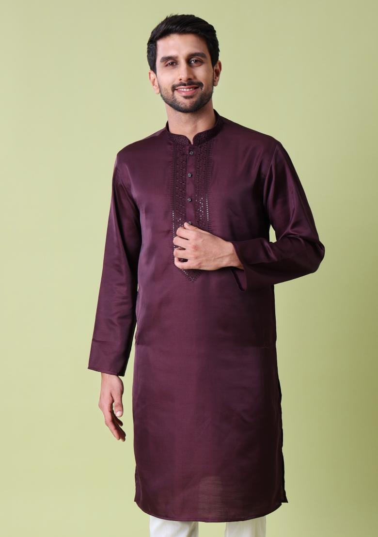 Purple Embroidered Cotton Silk Kurta For Men