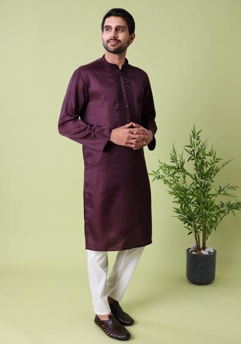 Purple Embroidered Cotton Silk Kurta For Men