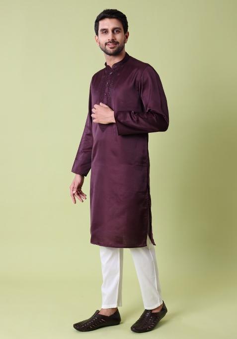 Purple Embroidered Cotton Silk Kurta For Men