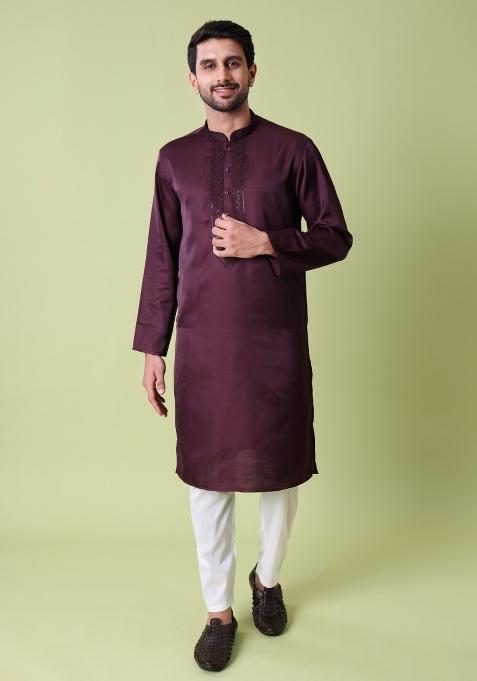 Purple Embroidered Cotton Silk Kurta For Men