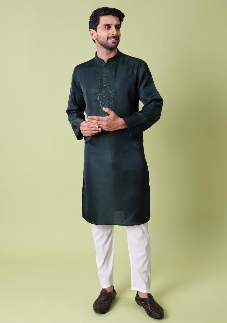 Green Embroidered Cotton Silk Kurta For Men