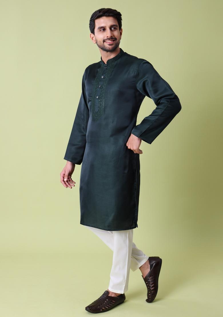 Green Embroidered Cotton Silk Kurta For Men