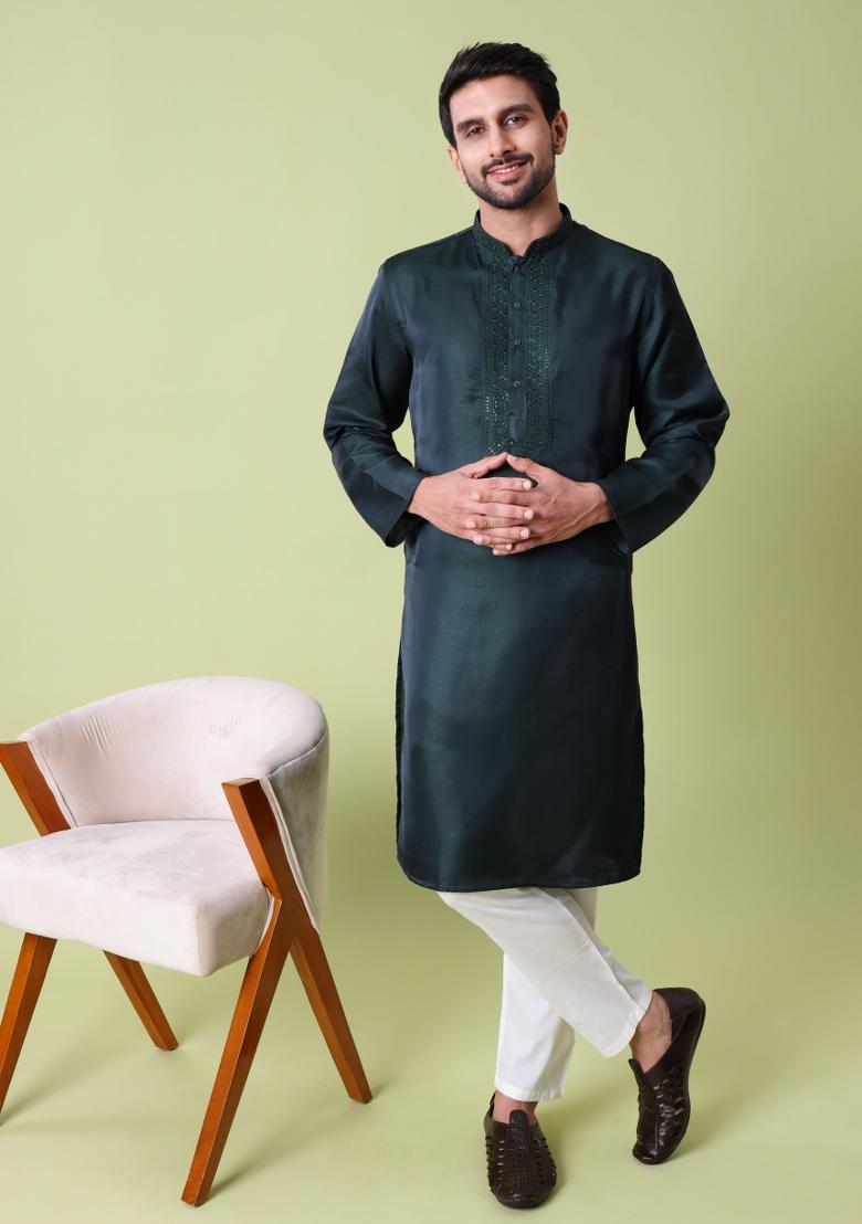 Green Embroidered Cotton Silk Kurta For Men