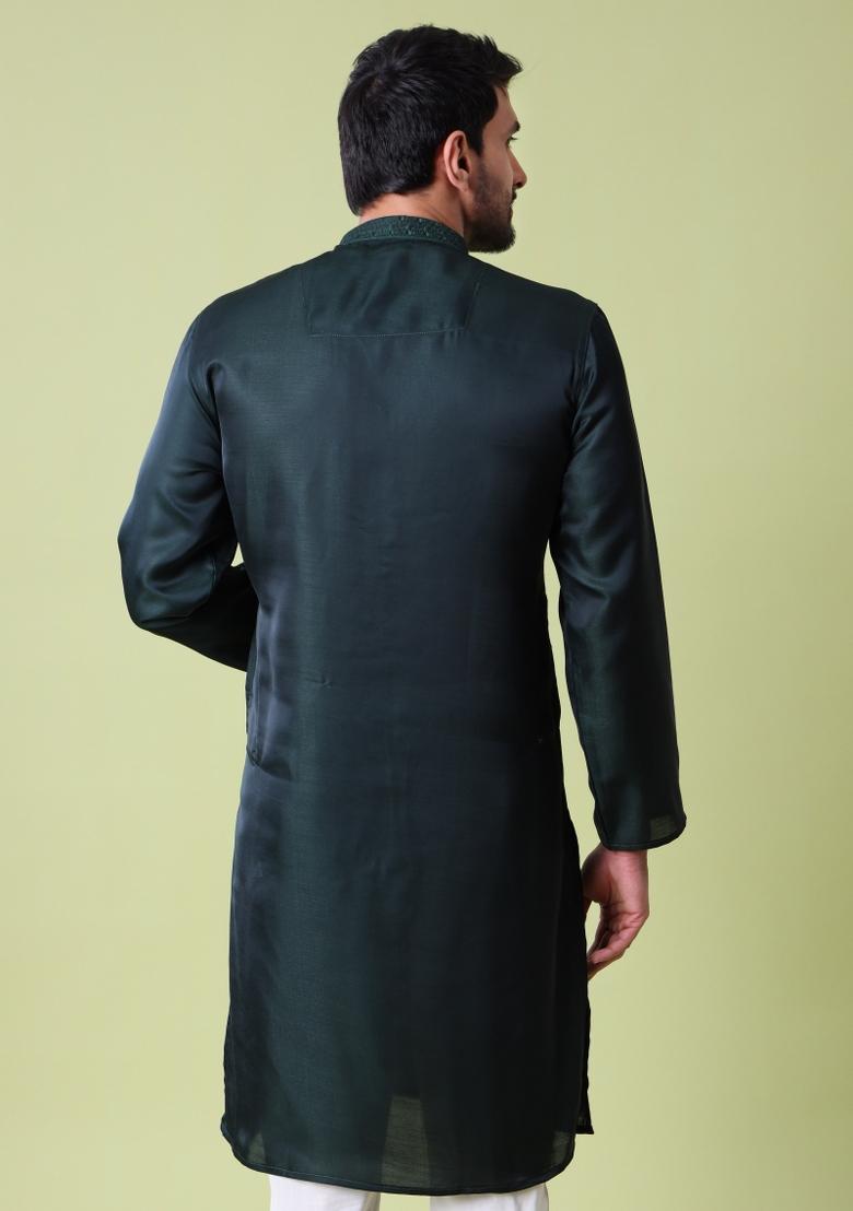 Green Embroidered Cotton Silk Kurta For Men