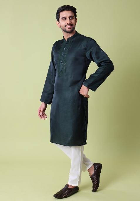 Green Embroidered Cotton Silk Kurta For Men