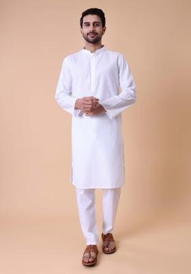 White Solid Cotton Kurta For Men