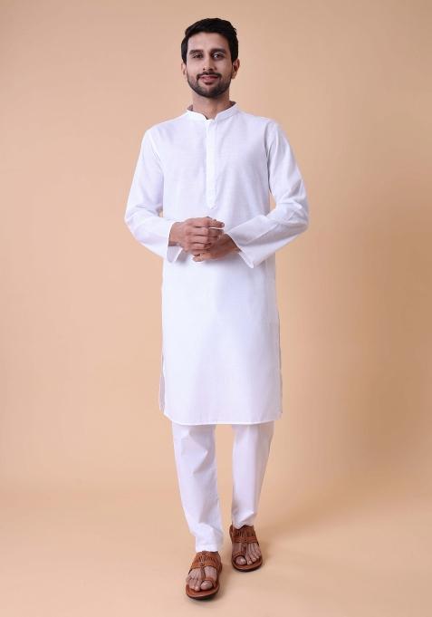 White Solid Cotton Kurta For Men