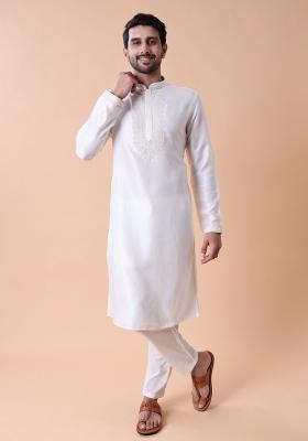 White Embroidered Silk Kurta For Men