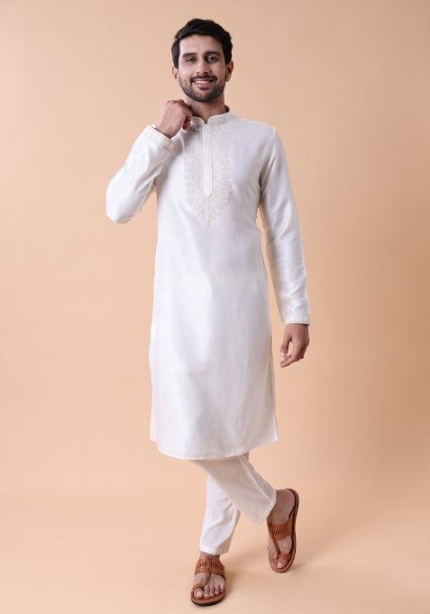 White Embroidered Silk Kurta For Men