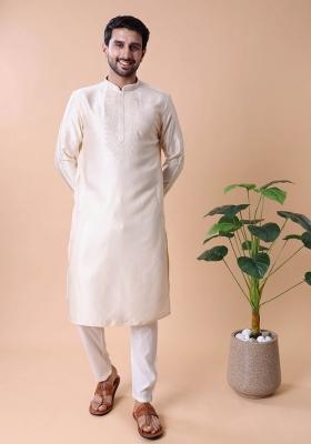 Cream Embroidered Silk Kurta For Men