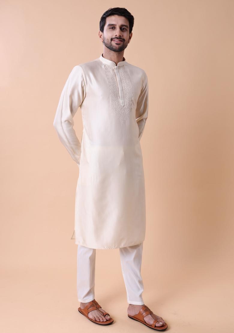 Cream Embroidered Silk Kurta For Men - Indya