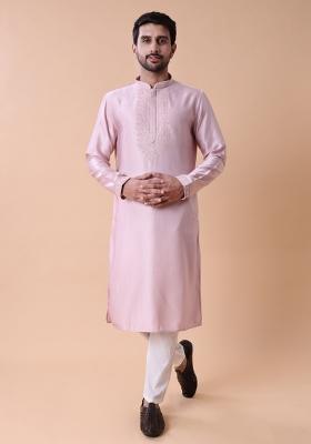 Pink Embroidered Silk Kurta For Men