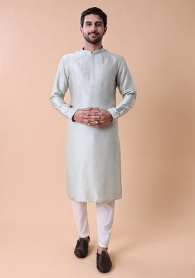Pista Embroidered Silk Kurta For Men