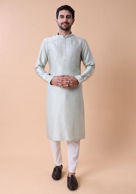 Pista Embroidered Silk Kurta For Men
