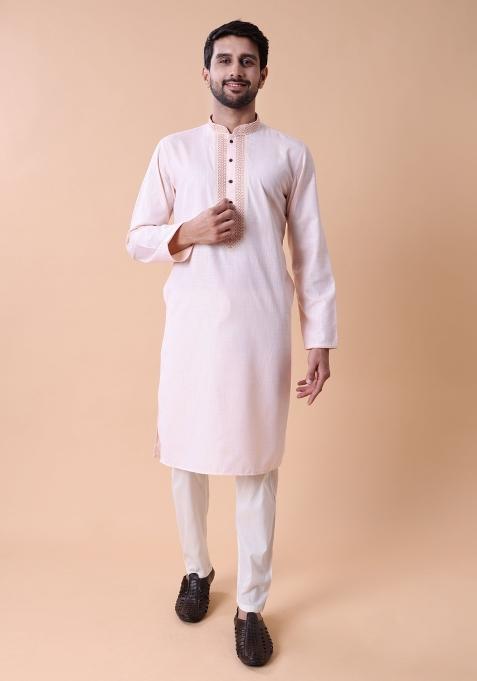 Peach Embroidered Cotton Kurta For Men