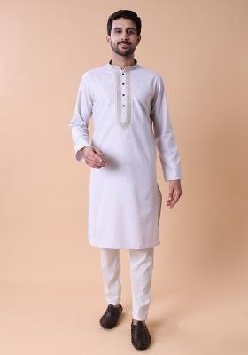 White Embroidered Cotton Kurta For Men