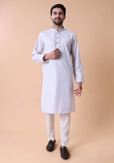 Grey Embroidered Cotton Kurta For Men