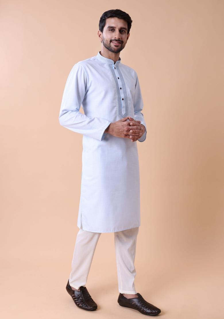 Blue Embroidered Cotton Kurta For Men - Indya