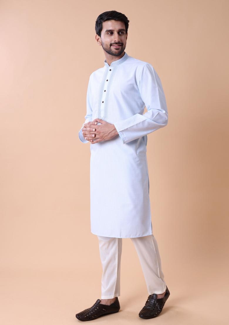 Blue Embroidered Cotton Kurta For Men - Indya