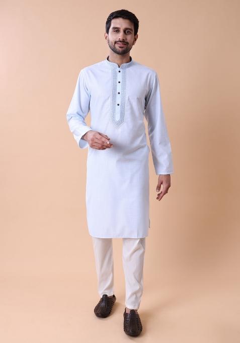 Blue Embroidered Cotton Kurta For Men