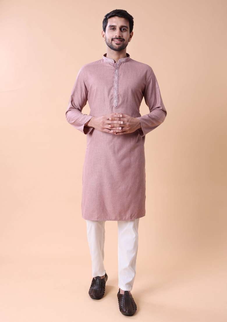 Peach Solid Cotton Kurta For Men - Indya