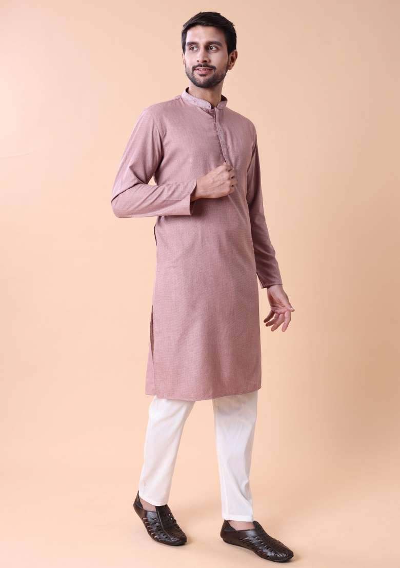 Peach Solid Cotton Kurta For Men - Indya