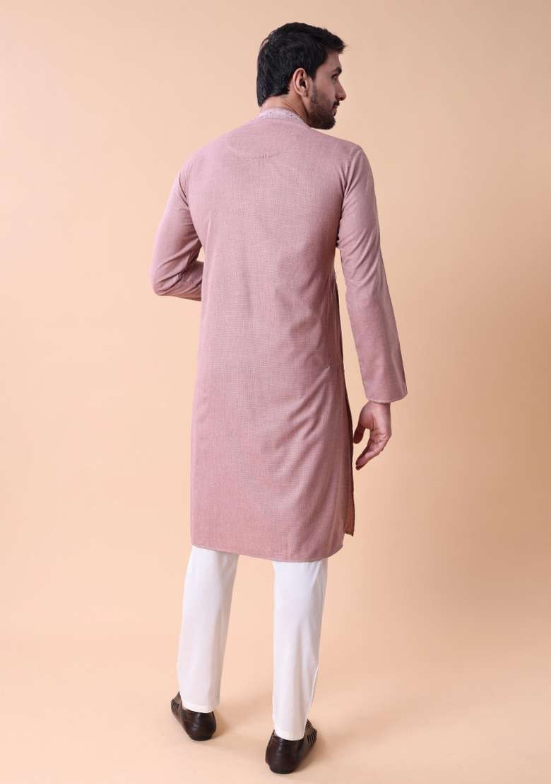 Peach Solid Cotton Kurta For Men - Indya