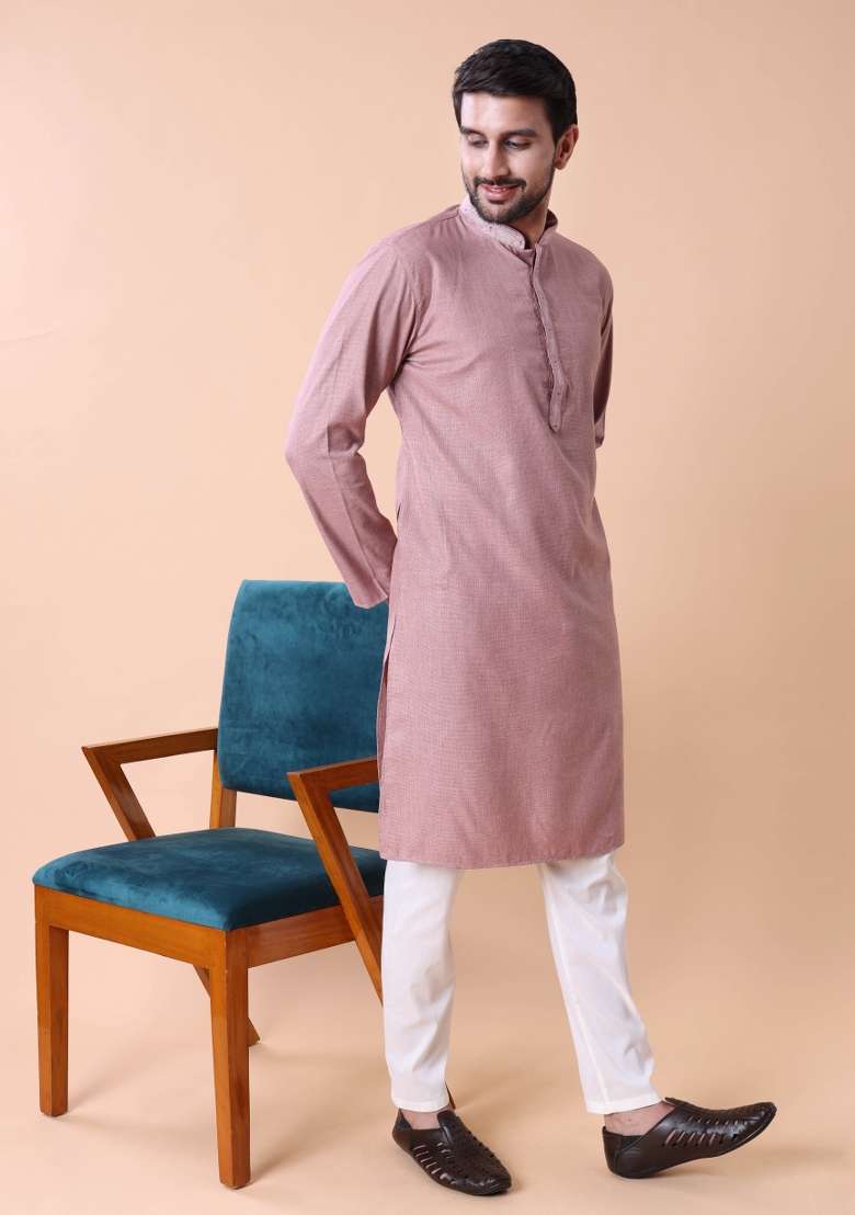 Peach Solid Cotton Kurta For Men - Indya