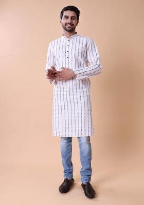 White Striped Cotton Kurta For Men