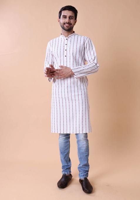 White Striped Cotton Kurta For Men