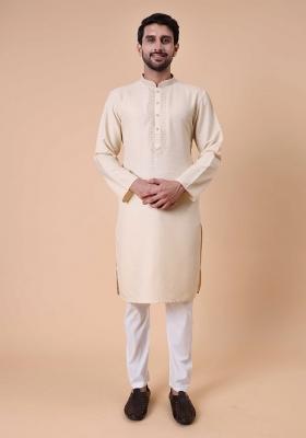 Beige Embroidered Cotton Kurta For Men