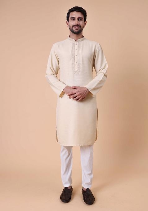 Beige Embroidered Cotton Kurta For Men