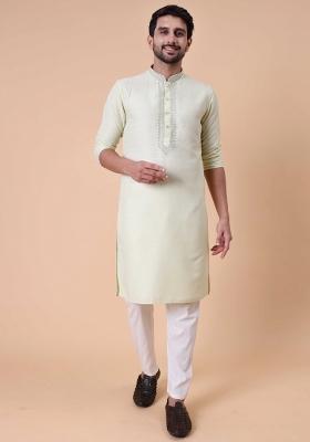 Green Embroidered Cotton Kurta For Men
