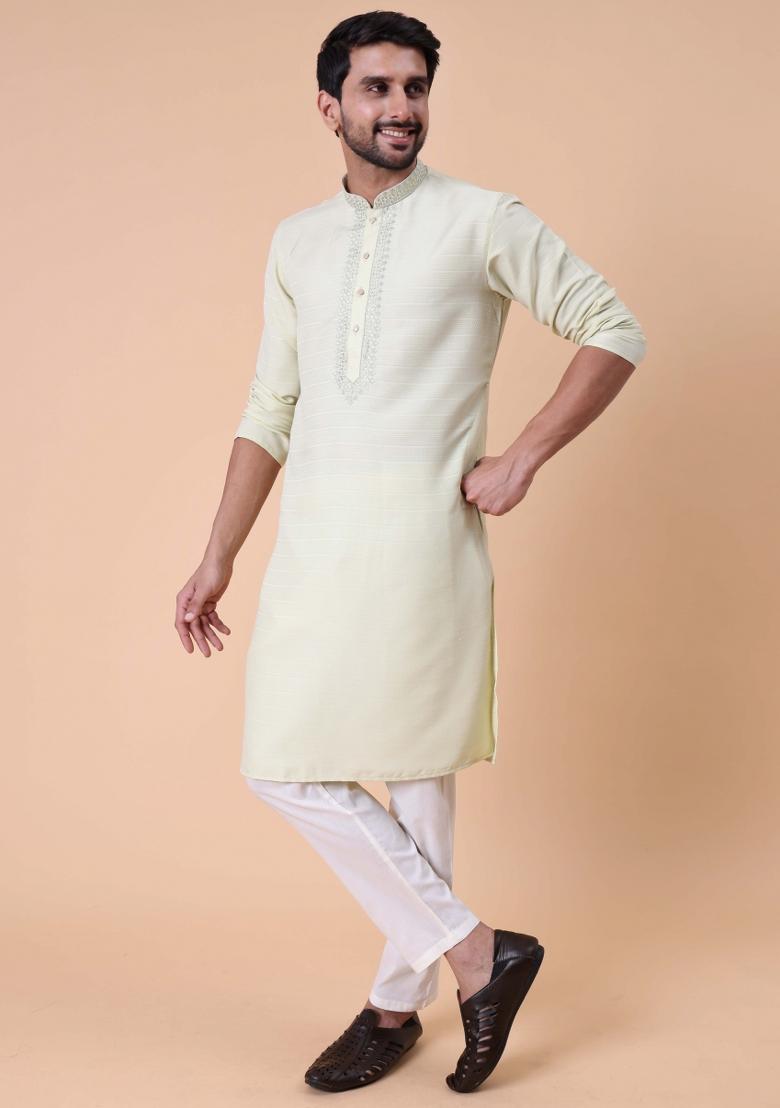 Green Embroidered Cotton Kurta For Men - Indya
