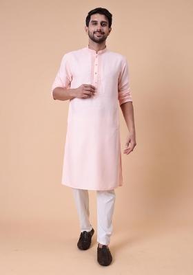 Peach Embroidered Cotton Kurta For Men