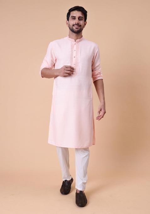 Peach Embroidered Cotton Kurta For Men