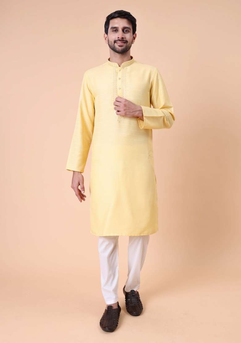 Yellow Embroidered Cotton Kurta For Men - Indya