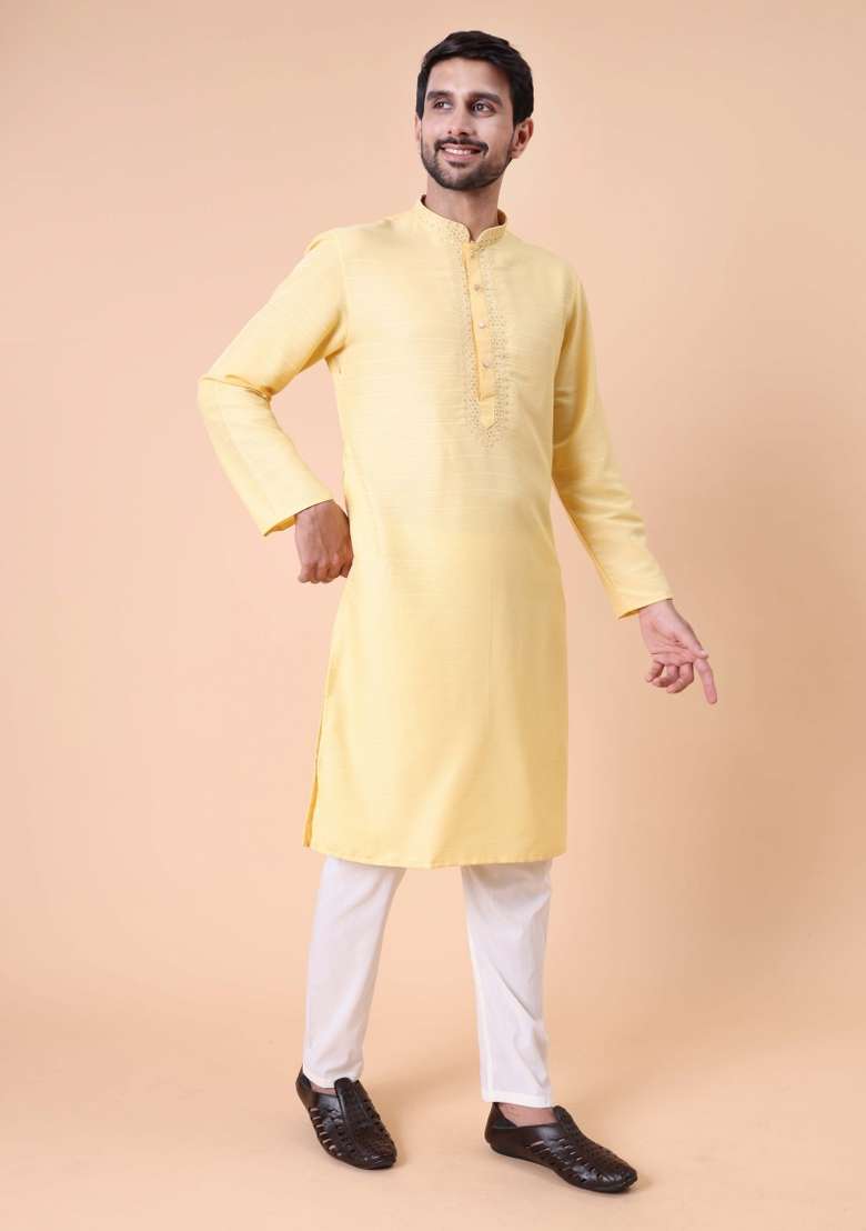 Yellow Embroidered Cotton Kurta For Men - Indya
