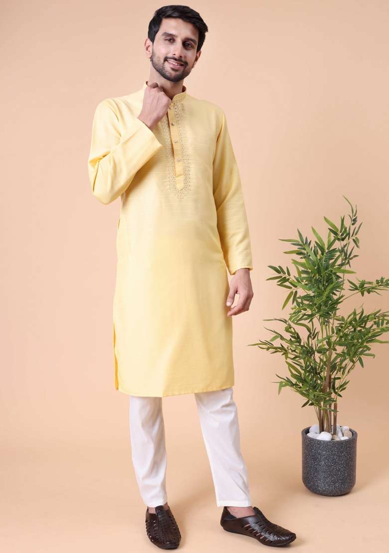 Yellow Embroidered Cotton Kurta For Men - Indya
