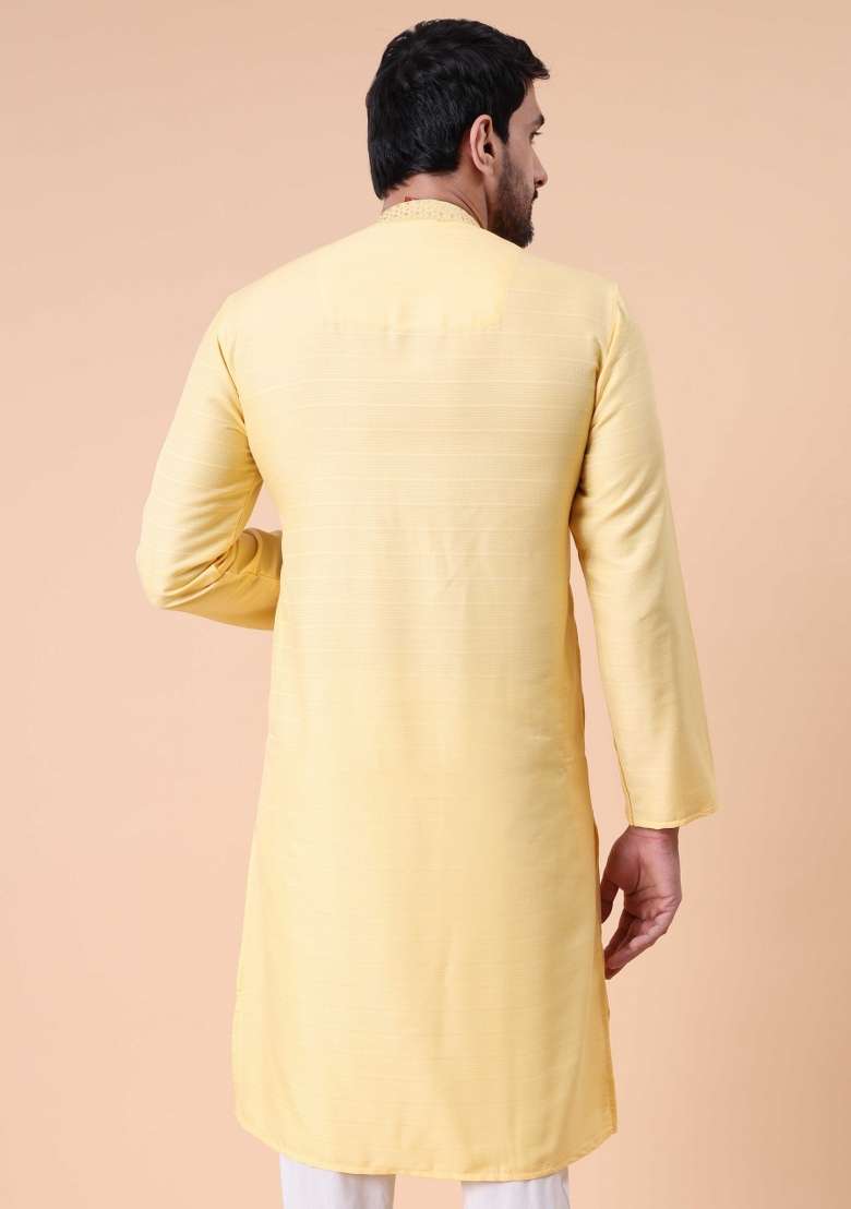 Yellow Embroidered Cotton Kurta For Men - Indya
